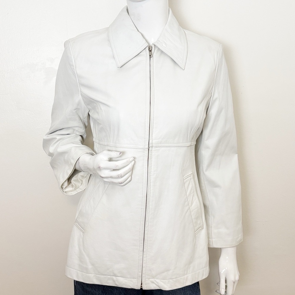 Rare Vintage 90’s BCBG Max Azria White Leather Zip-up Jacket w Cropped Sleeves